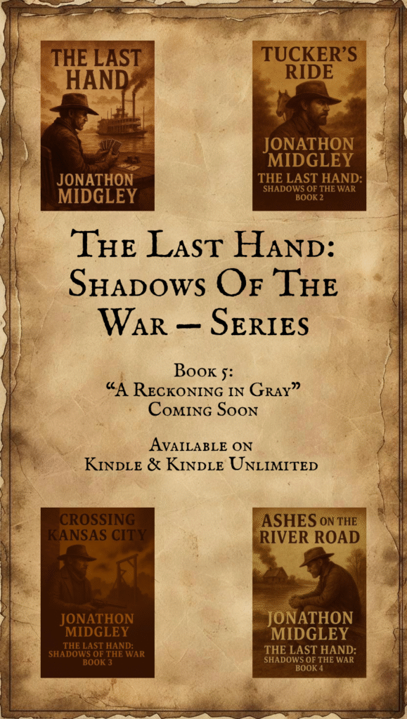 Promotional graphic for The Last Hand: Shadows of the War series by Jonathon Midgley, featuring covers of four published books (The Last Hand, Tucker’s Ride, Crossing Kansas City, Ashes on the River Road) and a preview for Book 5, A Reckoning in Gray. Banner notes the series is available on Kindle and Kindle Unlimited.