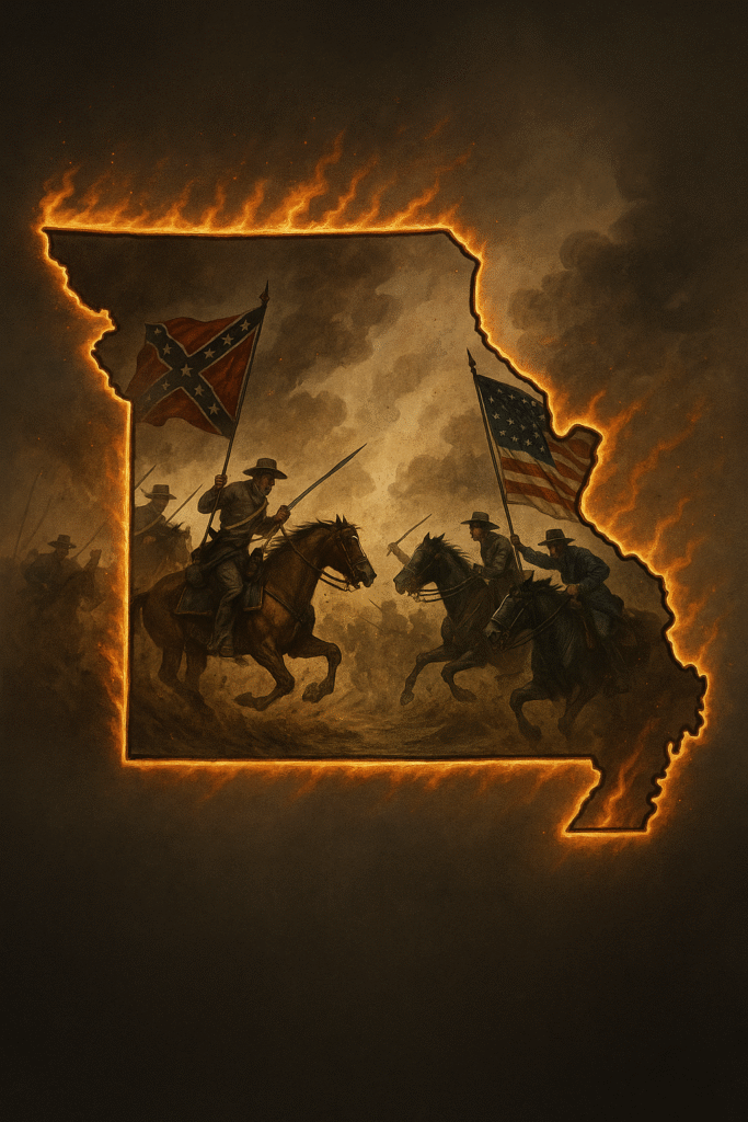 Artistic illustration of Missouri’s outline glowing in fire, filled with a dramatic Civil War cavalry clash. On the left, Confederate soldiers on horseback carry a battle flag; on the right, Union cavalrymen charge forward with the U.S. flag, sabers drawn. Dark smoke and dust set a tense battlefield atmosphere.
