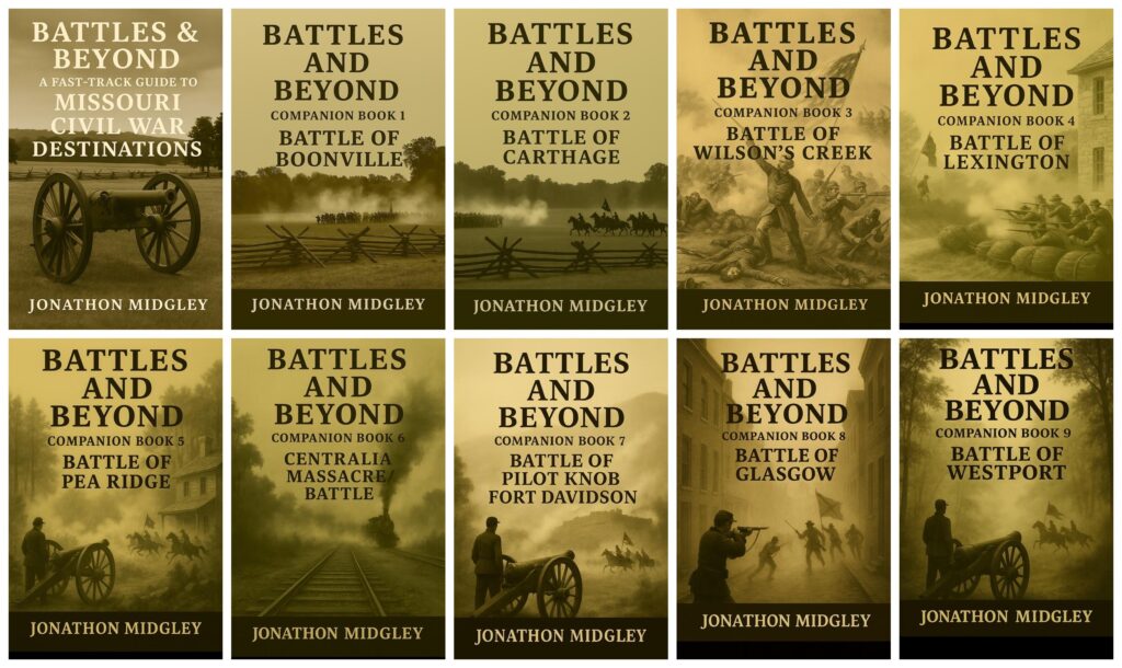 Covers of the Battles and Beyond Civil War travel guide series by Jonathon Midgley, including the main guide ‘A Fast-Track Guide to Missouri Civil War Destinations’ and nine companion books: Battle of Boonville, Battle of Carthage, Battle of Wilson’s Creek, Battle of Lexington, Battle of Pea Ridge, Centralia Massacre Battle, Battle of Pilot Knob (Fort Davidson), Battle of Glasgow, and Battle of Westport.