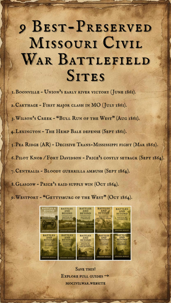 Timeline highlight: 9 best-preserved Missouri Civil War battlefields — Boonville, Carthage, Wilson’s Creek, Lexington, Pea Ridge, Pilot Knob, Centralia, Glasgow, and Westport.