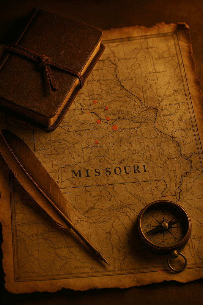Vintage map of Missouri with a quill, compass, and leather journal resting on top — symbolizing research and exploration of Missouri’s Civil War history.