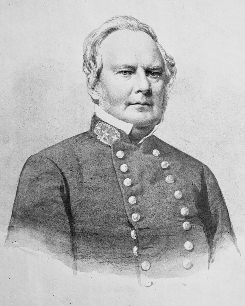 Key Player - Confederate General Sterling Price portrait, mid-19th century engraving, wearing full uniform with double-breasted coat.