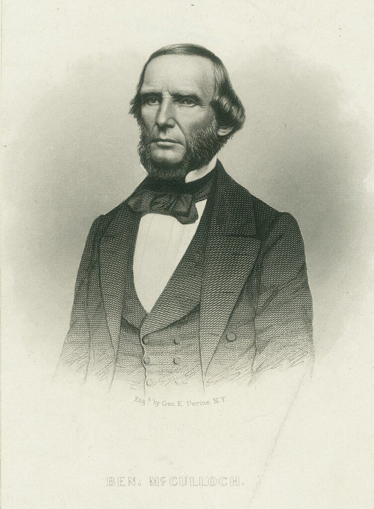 Key Player - Confederate General Ben McCulloch portrait, circa 1865 engraving, formal civilian attire with high-collared coat and bow tie.