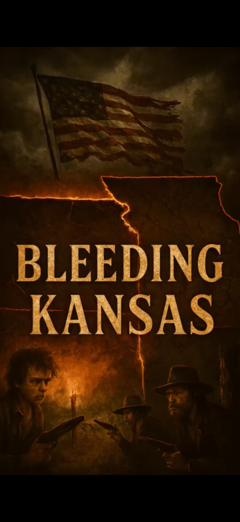 Cinematic illustration of the Bleeding Kansas massacres: a tattered American flag waves over a cracked, glowing outline of Missouri. Below, armed men crouch in the shadows with pistols drawn, illuminated by a burning torch—capturing the violent guerrilla atmosphere of the border war.