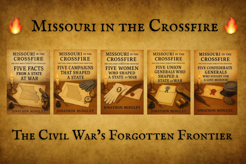 Image showing five book covers from the series “Missouri in the Crossfire: The Civil War’s Forgotten Frontier” by Jonathon Midgley. Titles include Five Facts from a State at War, Five Campaigns That Shaped a State, Five Women Who Shaped a State at War, Five Union Generals Who Shaped a State at War, and Five Confederate Generals Who Fought for a Lost Missouri. The series explores Missouri’s divided Civil War history through concise, story-driven volumes.