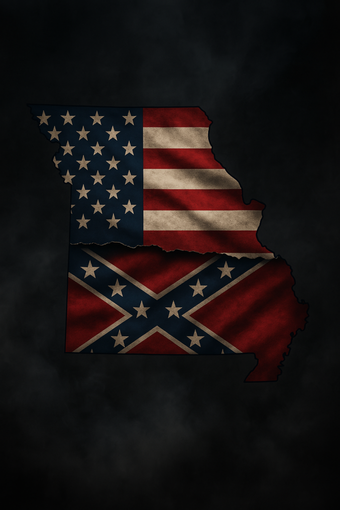 Stylized Missouri map overlaid with Union and Confederate flags, representing the Camp Jackson Affair and the political divide that ignited Missouri’s Civil War.