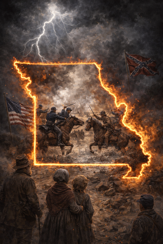 Centralia Massacre series image showing Missouri outlined in fire over a Civil War guerrilla clash, with storm clouds, smoke, and civilians watching—symbolizing Missouri’s darkest day in the guerrilla years.