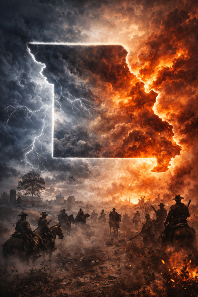 Price’s Raid and the path to Pilot Knob depicted as a stormy Missouri silhouette split between lightning-dark clouds and raging fire, with mounted Civil War soldiers riding through smoke and embers below.