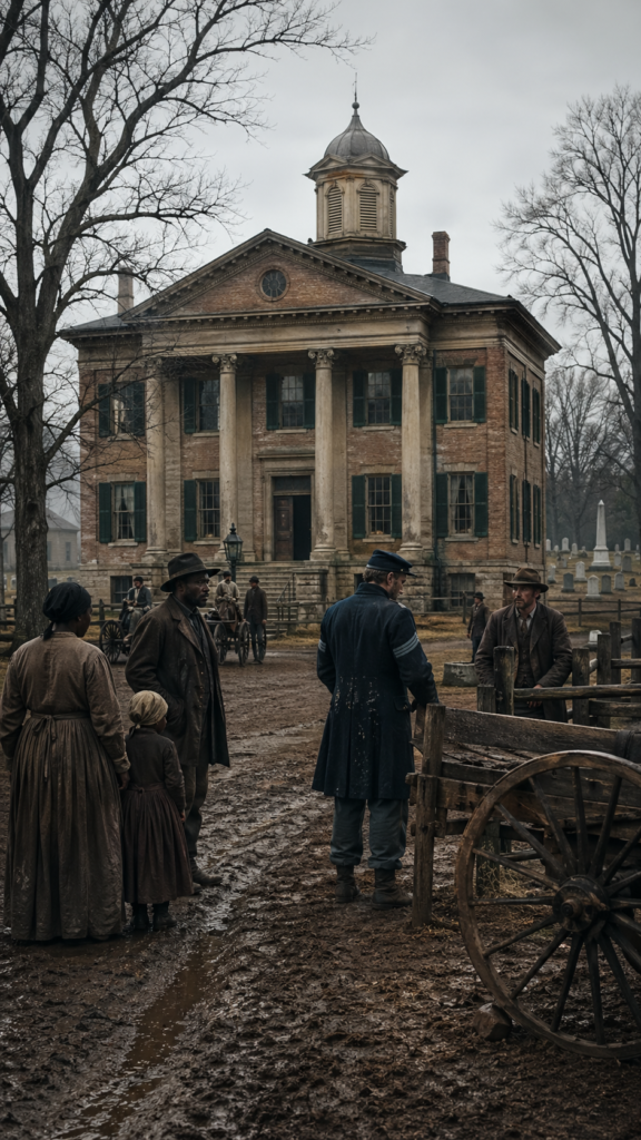 Missouri War Aftermath: a muddy Missouri town square with a worn courthouse and nearby graveyard, where civilians and a Union veteran stand in tense, subdued silence beneath bare trees.