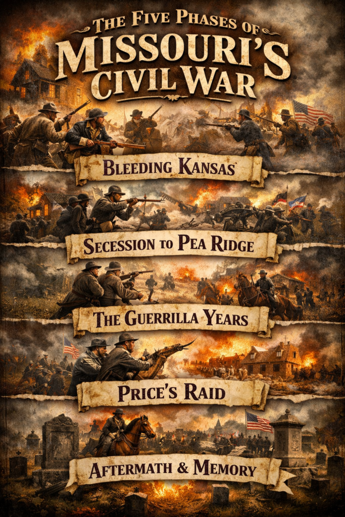 Timeline showing the five phases of Missouri’s Civil War. Different scenes depicting all five phases.
