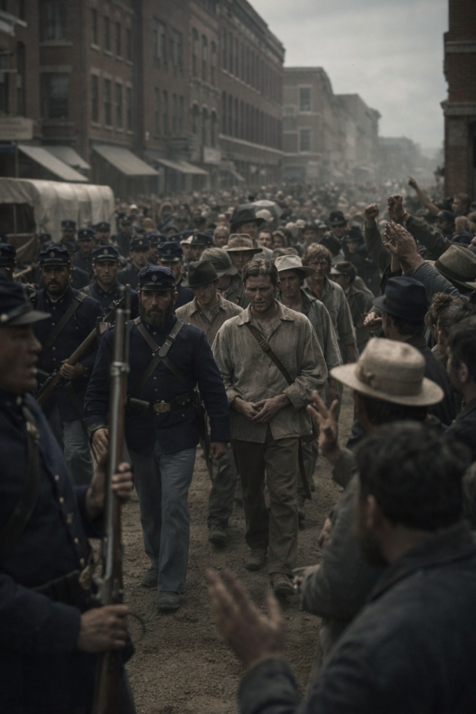 Union troops march captured Missouri militia through crowded St. Louis streets during the Camp Jackson Affair on May 10, 1861.
