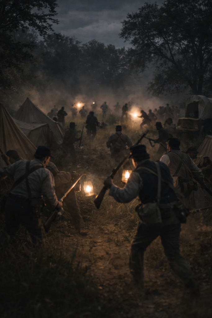 Battle of Cole Camp, June 19, 1861, showing a dark pre-dawn attack on Union Home Guards near Cole Camp, Missouri.