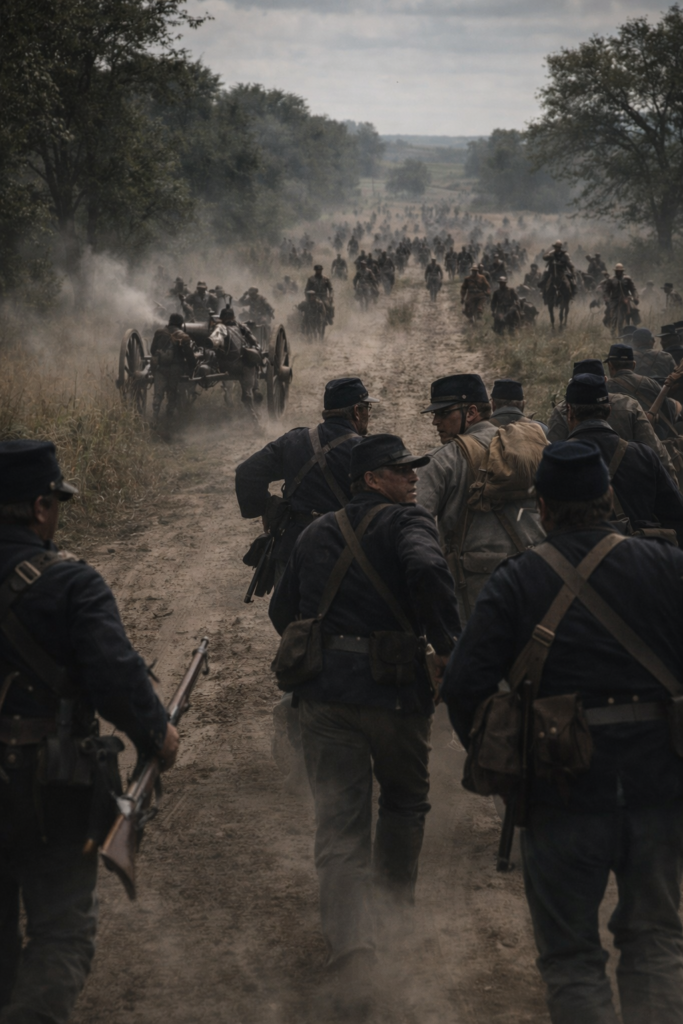 Battle of Carthage, July 5, 1861, showing Union troops withdrawing along a dusty road as Missouri State Guard forces press forward.