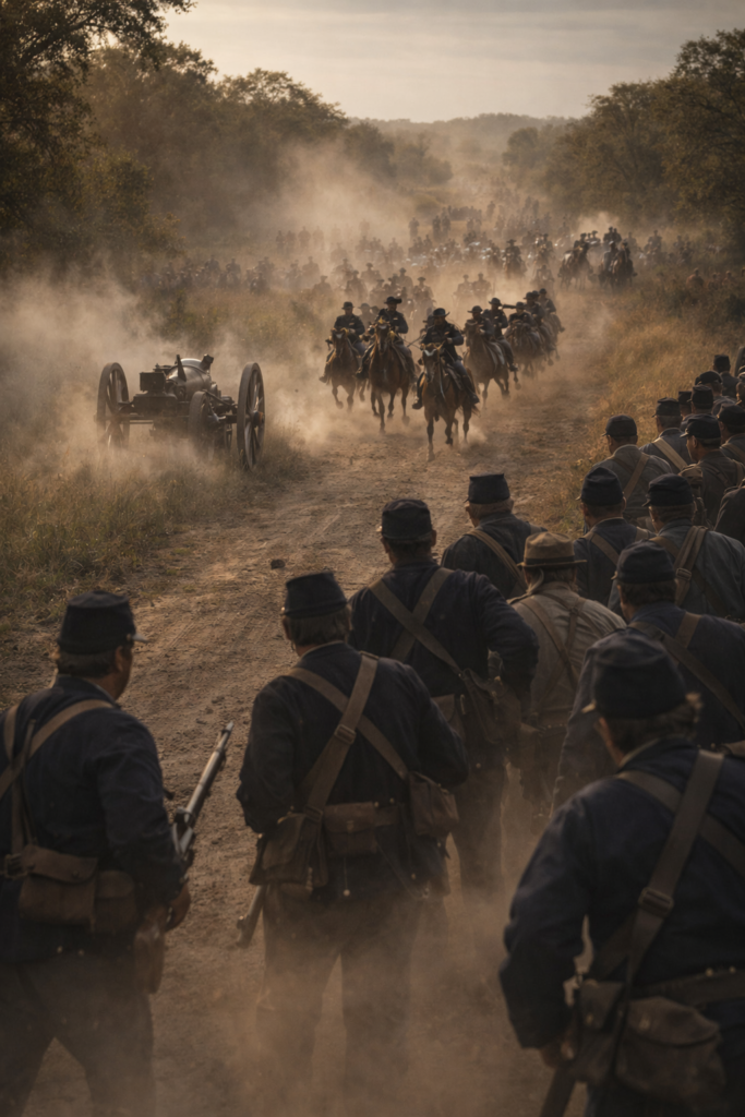 Battle of Dug Springs, August 2, 1861, showing Union troops facing Southern cavalry along the Old Wire Road near Clever, Missouri.
