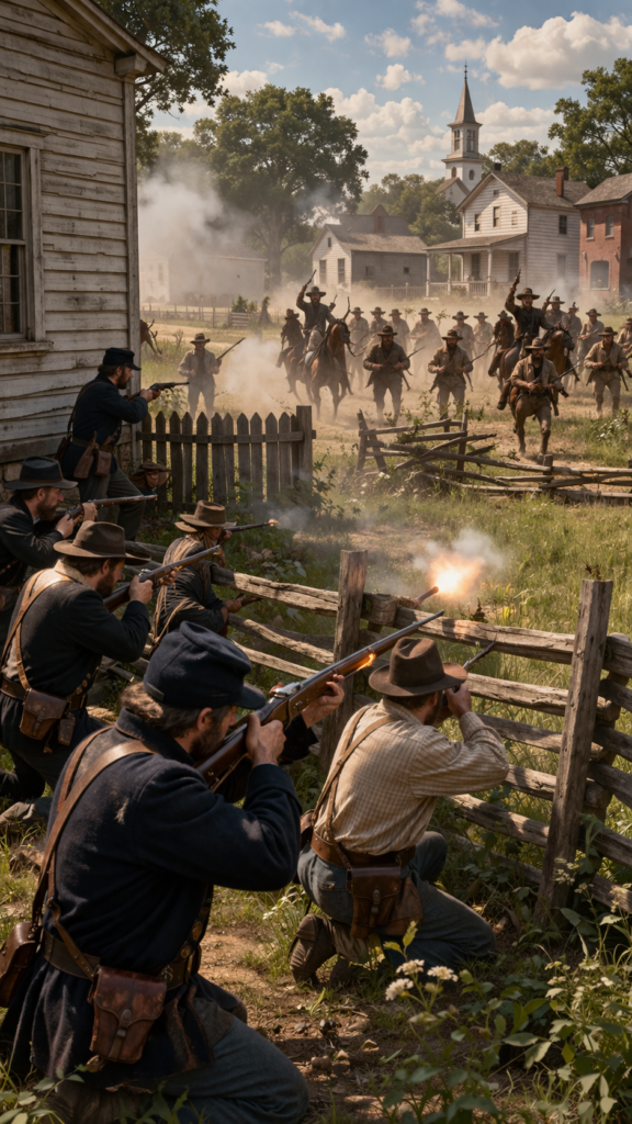 Battle of Athens, August 5, 1861, showing David Moore’s Union Home Guards defending Athens, Missouri, from Martin Green’s attack.