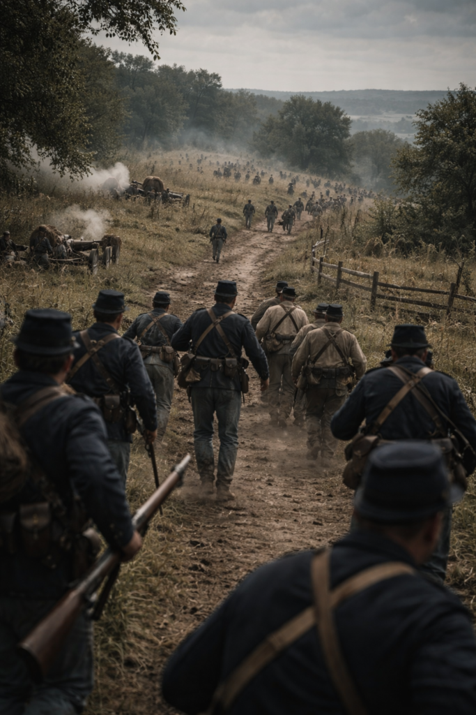 Battle of Boonville, June 17, 1861, showing Union soldiers advancing down a Missouri road during the running fight near Boonville.
