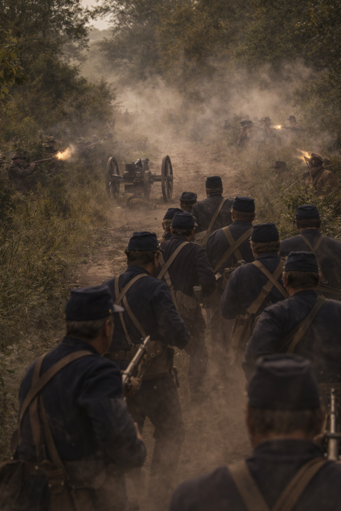 Battle of Blue Mills Landing, September 17, 1861, showing Union soldiers advancing into a Missouri State Guard ambush near Liberty, Missouri.