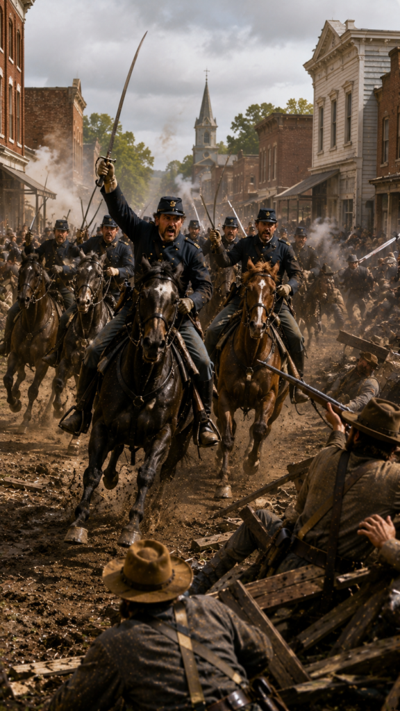 First Battle of Springfield, October 25, 1861, depicting Maj. Charles Zagonyi leading Frémont’s Body Guard cavalry charge into Springfield, Missouri.