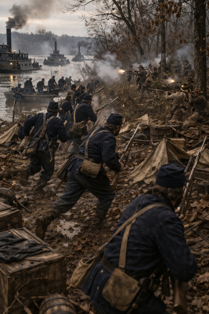 Battle of Belmont, November 7, 1861, depicting Ulysses S. Grant’s Union troops landing at Belmont, Missouri, under Confederate fire along the Mississippi River.