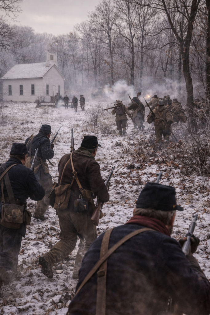 A winter Civil War scene depicting the Battle of Mount Zion Church near Hallsville, Missouri, on December 28, 1861. Union soldiers advance across a snow-covered field toward Missouri State Guard forces gathered near a small white country church. Bare trees, drifting gun smoke, and light snowfall frame the engagement, capturing the harsh winter conditions and the Union attack that scattered a large State Guard recruiting force in Boone County.