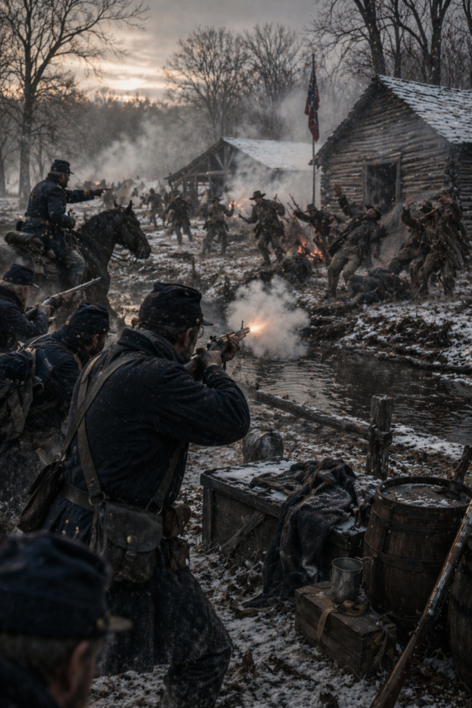 Battle of Roan’s Tan Yard, January 8, 1862, depicting Union cavalry and dismounted troops attacking John A. Poindexter’s Missouri State Guard camp in Randolph County, Missouri.