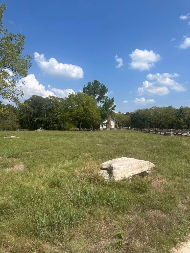 Elkhorn Tavern viewed from across the battlefield at Pea Ridge National Military Park in Arkansas, site of intense fighting during the Battle of Pea Ridge on March 7–8, 1862.