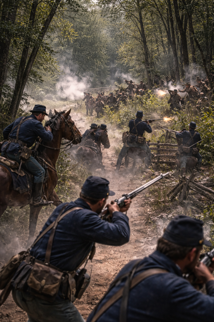 Battle of Moore’s Mill, July 28, 1862, depicting Union troops advancing into Joseph C. Porter’s ambush in the wooded terrain near Auxvasse Creek in Callaway County, Missouri.