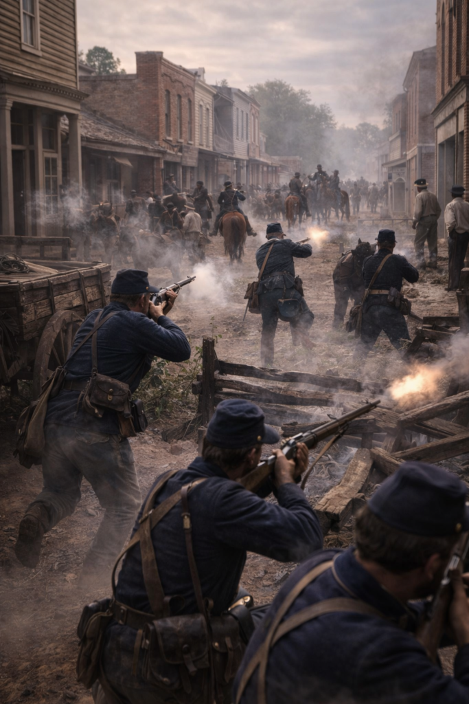 First Battle of Independence, August 11, 1862, depicting Union troops fighting Confederate cavalry and guerrillas in the streets of Independence, Missouri.